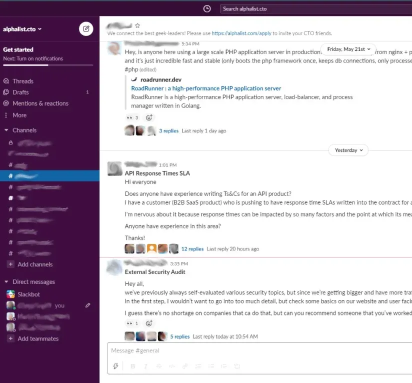 The alphalist Slack workspace, with channels and a conversation.